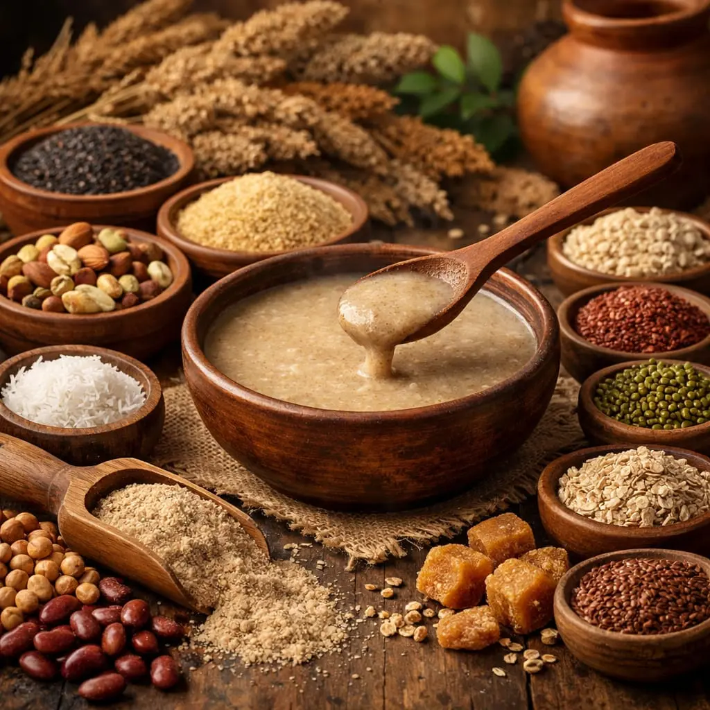 Traditional homemade health mix preparation inspired by ancient Indian nutrition