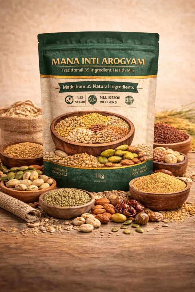 Mana Inti Arogyam health mix powder pack with natural ingredients.